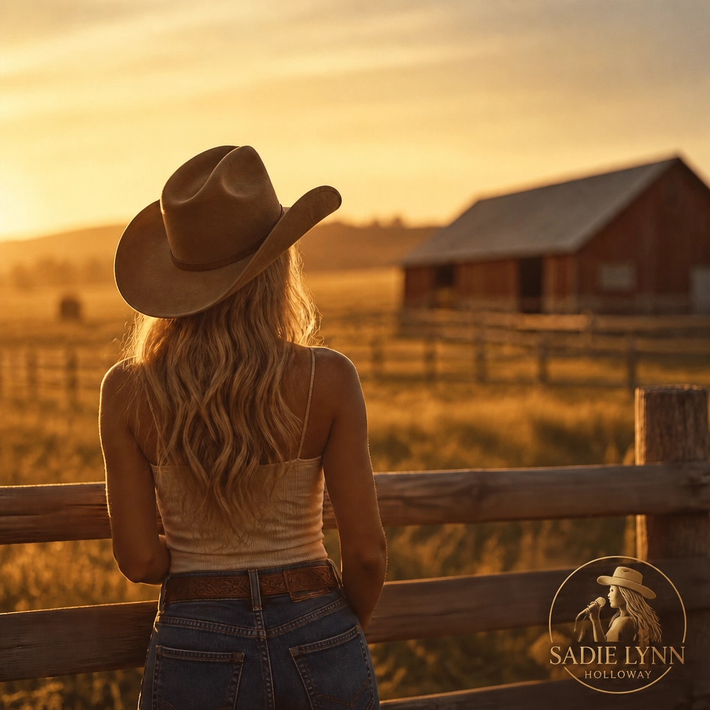 Sadie Lynn Holloway leaning on a fence at golden hour