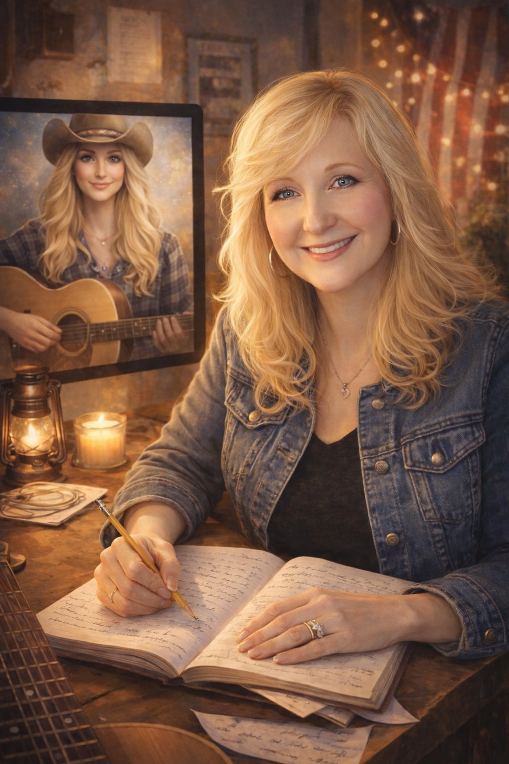 Christina, the creator behind Sadie Lynn Holloway, writing songs at her desk with Sadie's portrait on the screen behind her